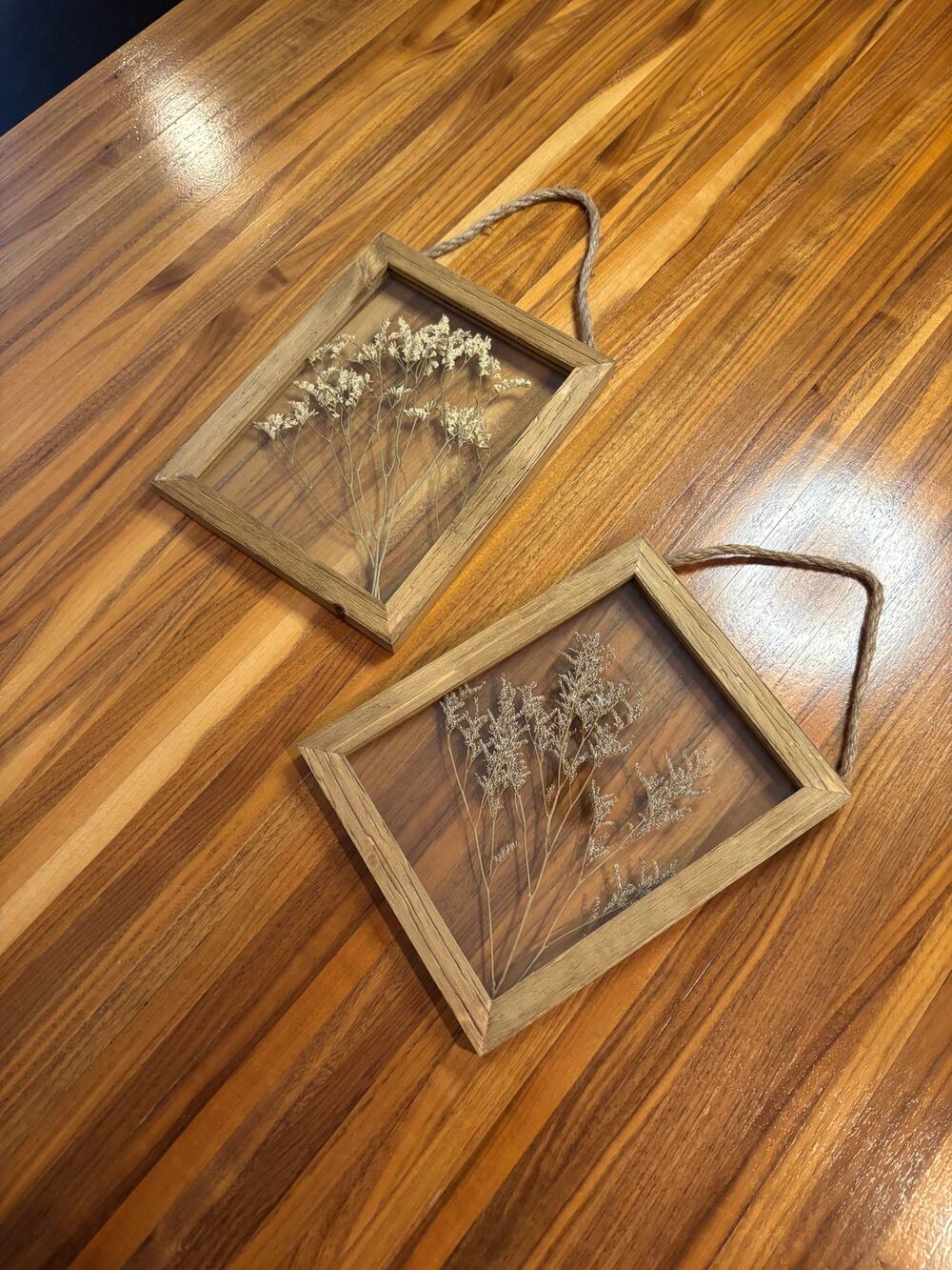 Rustic Wooden Floating Frames with Dried White Flowers – Set of 2